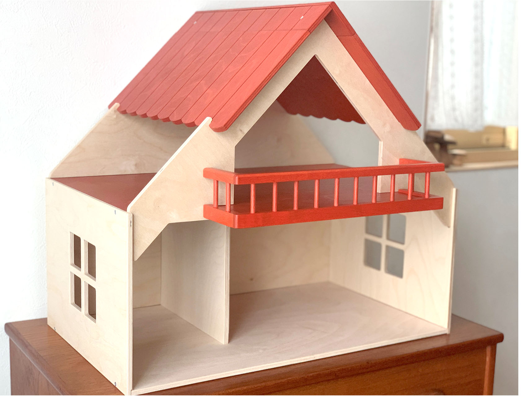 木のおもちゃ カルテット ドールハウス用バルコニー付きの家 赤 リュルケ社 ドイツ